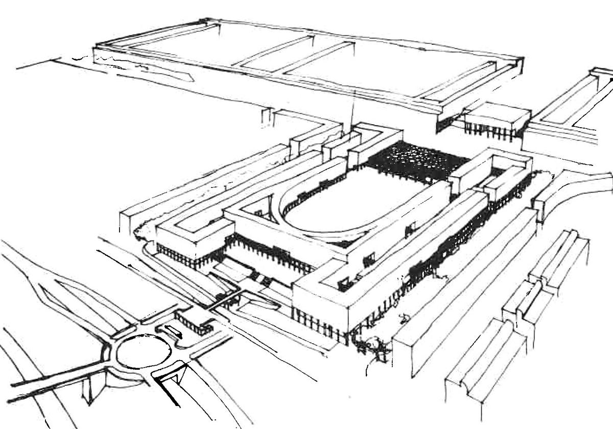 A la izquierda, perspectiva de la propuesta. Fuente: Publicación periódica del COAM Nº 206-207-Segundo Cuatrimestre. 1977. 'Seis Arquitectos Guipuzcoanos'. Debajo, ortofoto de integración de la propuesta en el lugar.