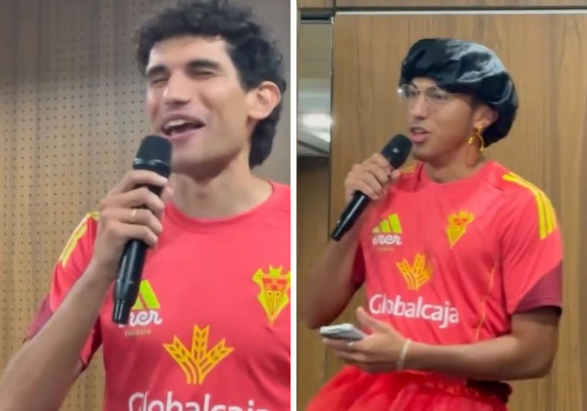Jesús Vallejo y Jonathan Gómez cantando micrófono en mano en la cena del Albacete.