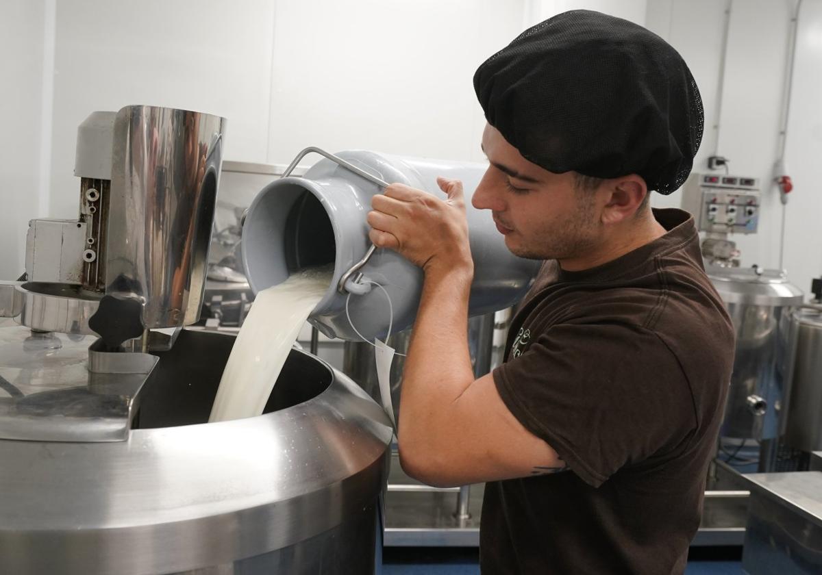 Leche fresca de Igeldo. Pablo Bustos vierte leche en un tanque de pasteurización durante el proceso de elaboración del helado.