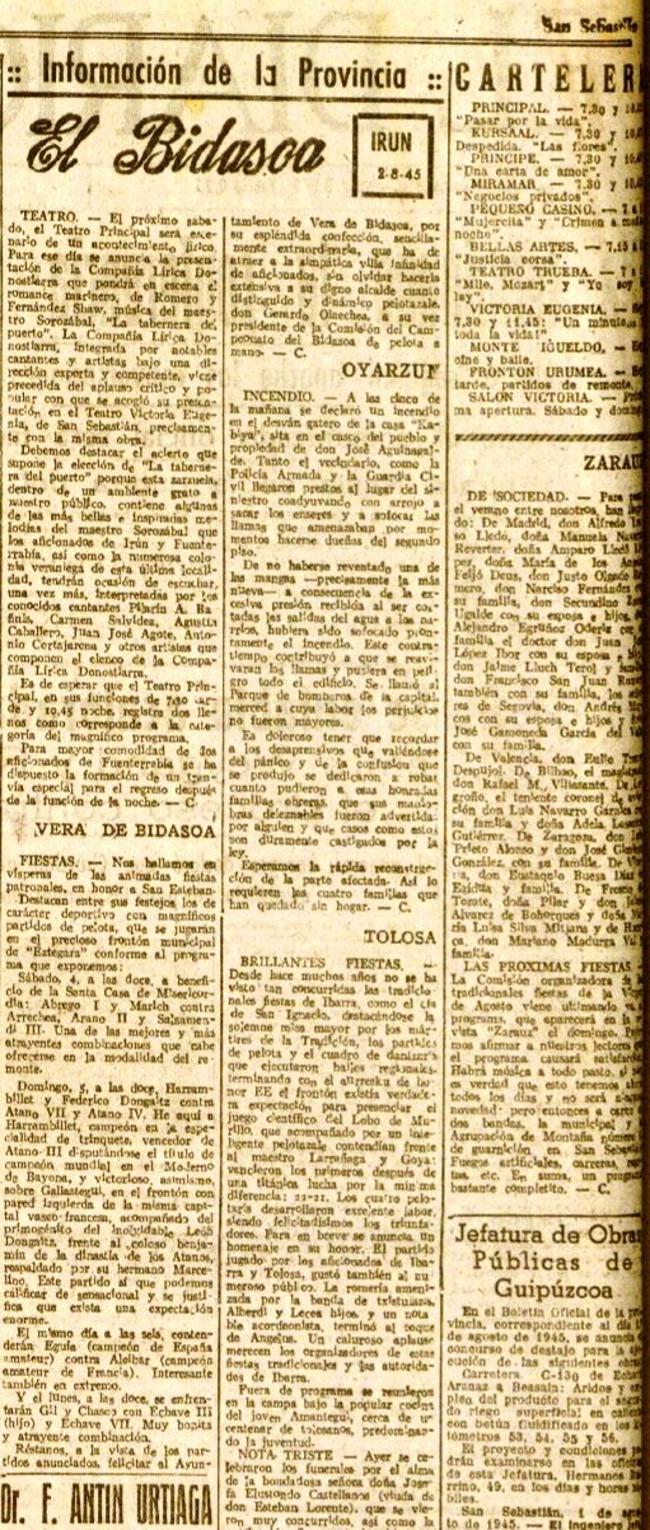 Sección 'Información de la Provincia' de EL DIARIO VASCO que apareció el 2-VIII-1945.