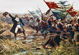 Infantería francesa en la Batalla de Jemappes (6 de noviembre de 1792) ondeando banderas prerrevolucionarias y revolucionarias.