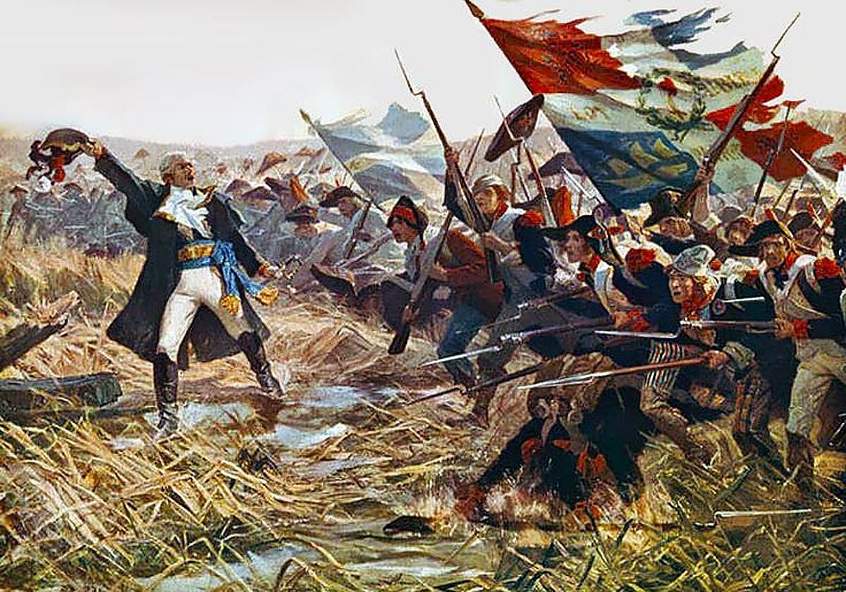 Infantería francesa en la Batalla de Jemappes (6 de noviembre de 1792) ondeando banderas prerrevolucionarias y revolucionarias.