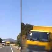 El camión adelantando indebidamente por el carril en sentido contrario.