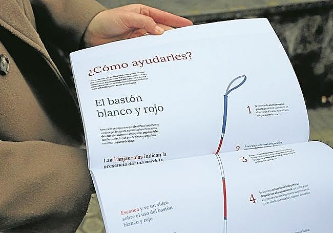 Clara Cabanillas incluye en su dossier infografías para explicar detalles como que las personas sordociegas llevan un bastón con rayas rojas.