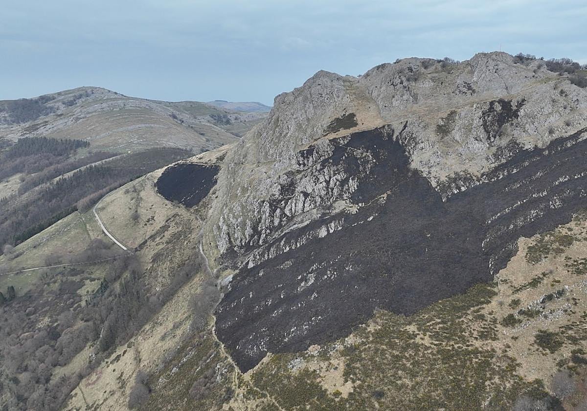Imágenes de dron del incendio en el monte Hernio, en Errezil, que calcinó once hectáreas el pasado mes de febrero.