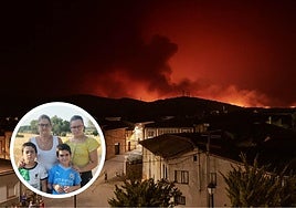 Judit Armenteros, con su hija, Ruth y los mellizos Adrián y David, y una imagen del fuego desde Melgar de Tera (Zamora)..
