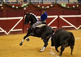 Y 'Nairobi' movió a 'Narciso'. Primer toro de Guillermo Hermoso de Mendoza. No se movía el bicho negro pero caballo y caballero le sacaron de su estupor.