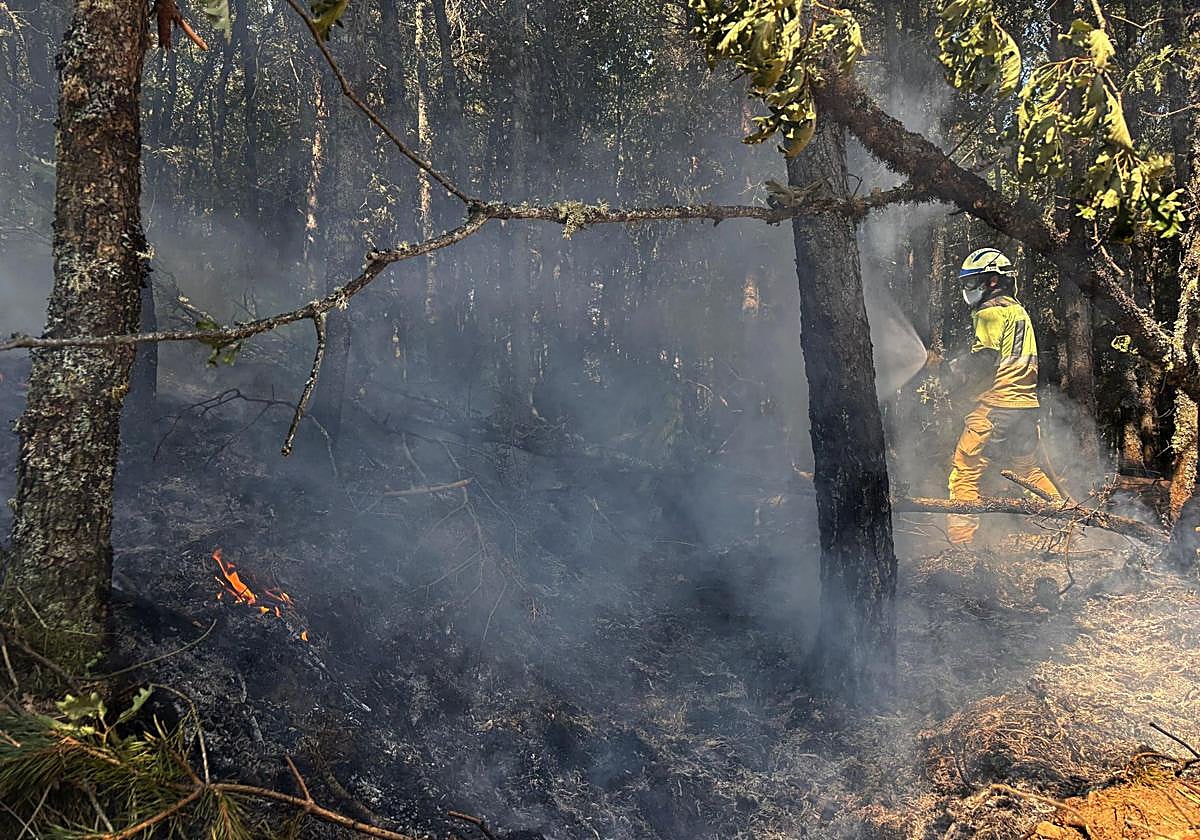 Uno de los bomberos voluntarios de Gipuzkoa lucha contra el fuego en el foco de Yeres, en León.