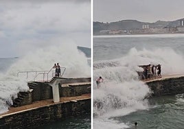 Varios bañistas asisten de cerca al espetáculo de las olas en Zarautz.
