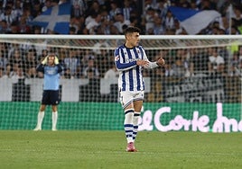 Barrenetxea, tras anotar el gol ante el Espanyol.