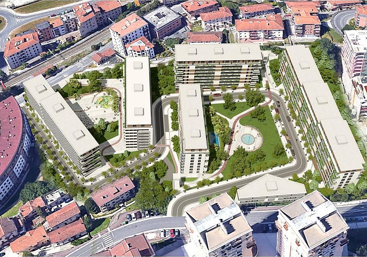 Vista aérea del futuro desarrollo de Jolastokieta en la trama urbana de Herrera.