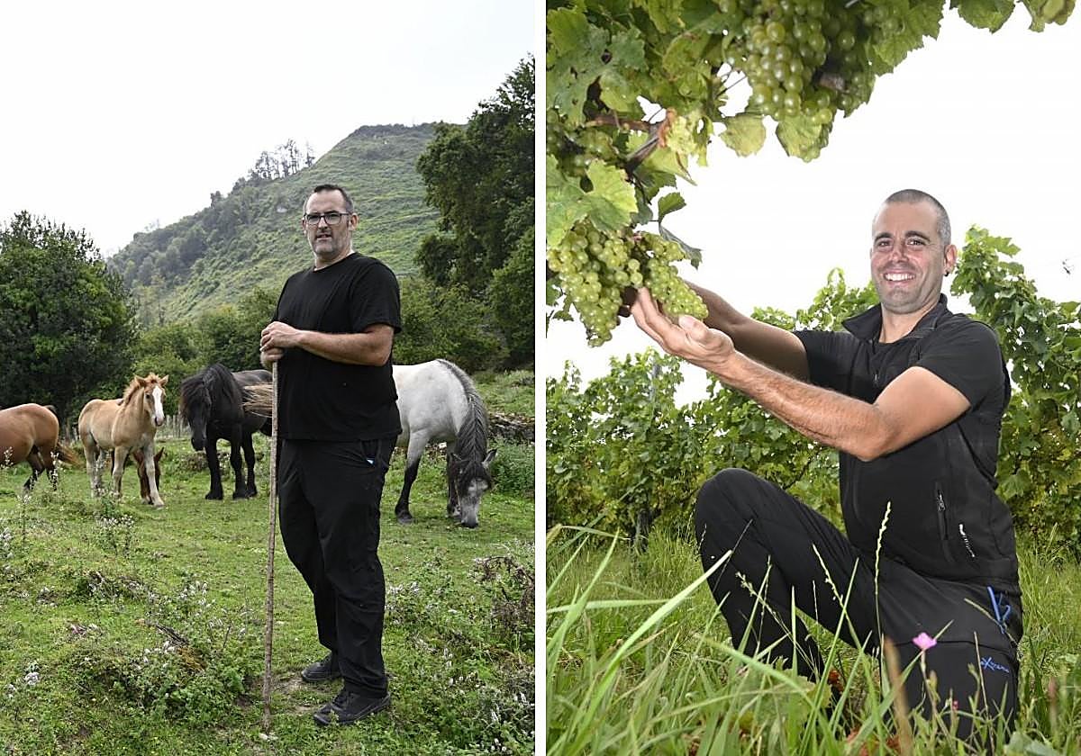 Igor Gorroño y Urtzi Lazkano posan en sus respectivas explotaciones agrarias.