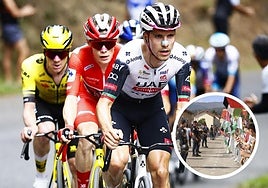 Almeida tira del grupo de los favoritos en el Angliru y manifestantes propalestinos en la salida de Cabezón de la Sal.