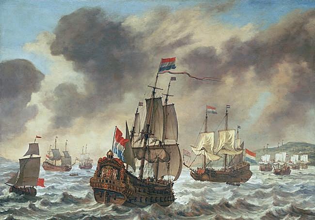Marina de Reinier Nooms dedicada al despliegue de la flota holandesa antes de entablar batalla con Antoio de Oquendo (c. 1639).