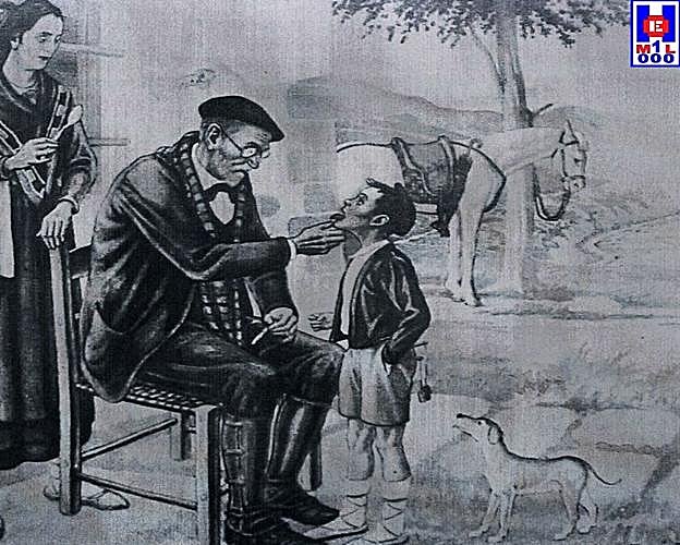 Pintura de 1896 en la que Pío Baroja, como 'médico de espuela' en Zestoa, atiende a un niño con anginas en la casa del pequeño, con el rocín atado al fondo.