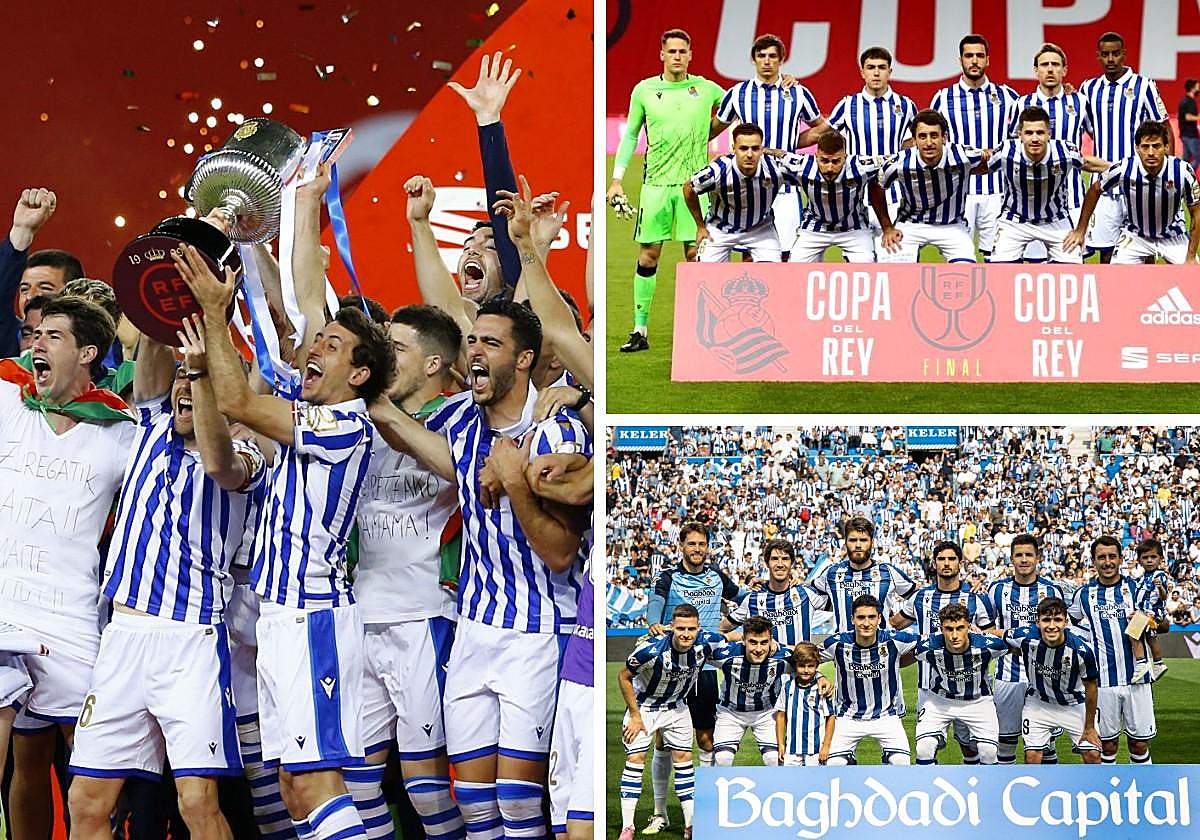 A la izquierda, la celebración de la Copa en La Cartuja; a la derecha, las alineaciones de la final ante el Athletic y del partido del pasado sábado ante el Real Madrid