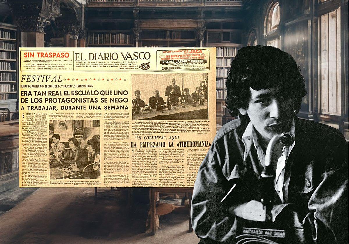 Steven Spielberg en el Festival de Cine de 1975 y portada de DV con la presentación de 'Tiburón'.