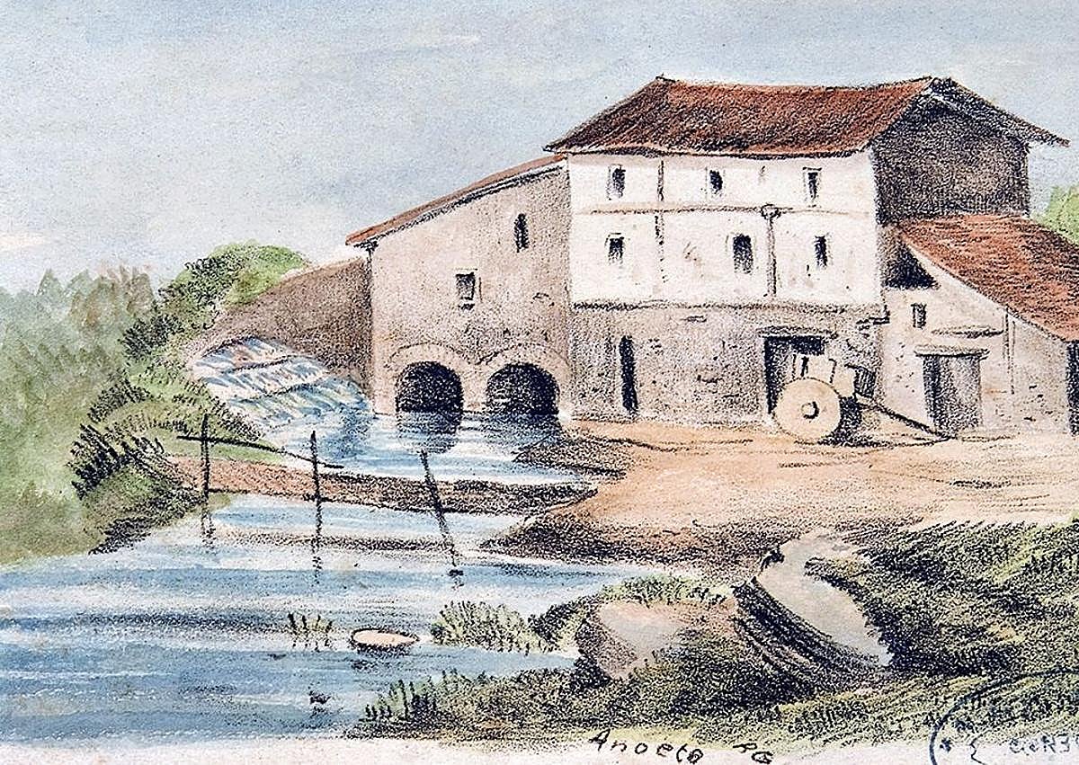 Imagen secundaria 1 - 'Estadio de bolsillo' en la hoy plaza del Sauce. Festival del Frente de Juventudes. Jugadoras de balonmano en el obligado saludo fascista. Debajo, El caserío Anoeta-Errota, en 1890, obra de R. Gordón, y merendero Xanti antes de su derribo, óleo de de J. Díaz Fernández.