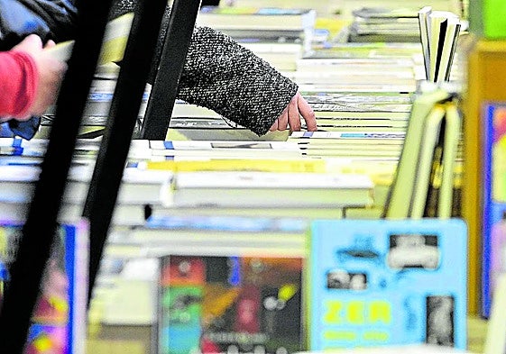 Una persona busca en un puesto de discos y libros.