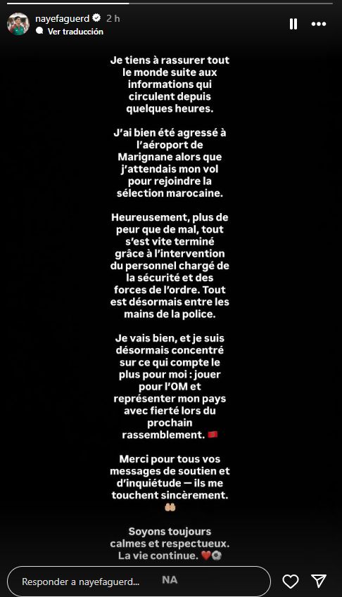 Mensaje de Aguerd en su cuenta de Instagram.