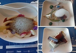 De izquierda a derecha y de arriba abajo, tubérculos de la huerta murciana, rodaballo y reinterpretación del café asiático.