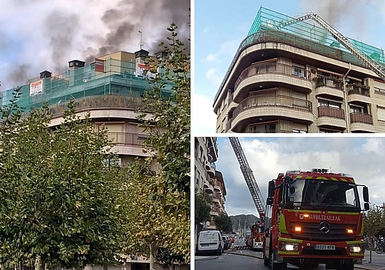 El tejado en llamas de un bloque de viviendas en la calle Juan Belmonte de Zumaia.
