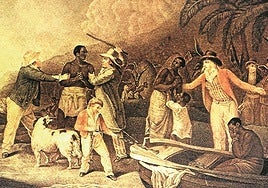 Ilustración de finales del siglo XVIII que reproduce la captura de esclavos en África por tratantes franceses.