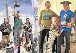 A la izquierda, Leire Egaña en el podio de Ciudad Real tras ganar el campeonato de España de caza menor con perro de 2025; a la derecha, su hermano Arkaitz con la txapela de campeón de Euskadi de la disciplina.