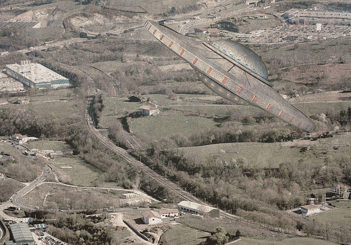 Fotomontaje de un OVNI sobre un paisaje guipuzcoano.