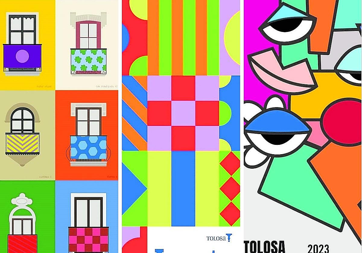 Reproducción parcial de los tres carteles coloristas que abrieron una nueva etapa en los Iñauteriak tolosarras.