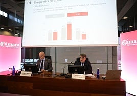 Mauri Arregui, presidente de la Cámara de Comercio, y Javier Zubia, director general, durante la presentación de la encuesta de coyuntura.