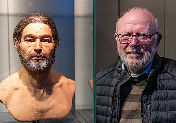 Manfred Huchthausen, junto a la recreación del aspecto de sus ancestros, que el ADN ha permitido confirmar su parentesco directo.