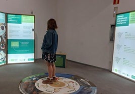 Una visitante lee los paneles sobre alimentación ecológica en la exposición de Merkatu Plaza.