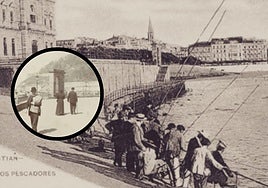 Dos imágenes del arco que podía verse en Alderdi-Eder frente a la bahía de La Concha.