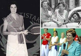 Agustina Otaola, en su época como raquetista, con sus compañeras en un viaje a La Habana, y en el homenaje en Errenteria.