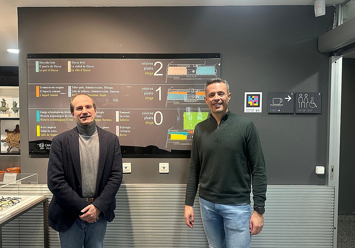El director adjunto del Museo Oiasso, Juanjo Jiménez, y el delegado Jon Ugarte, junto a la señalética instalada.
