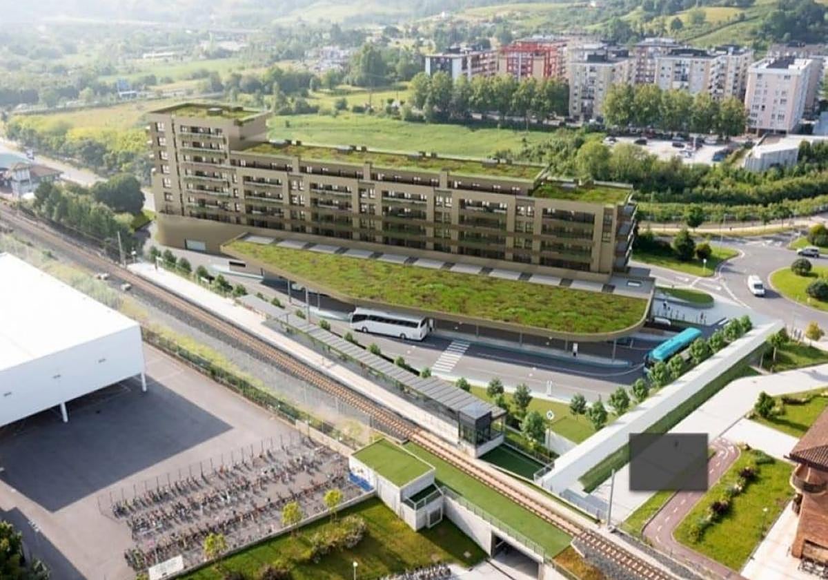 Fotomontaje de la estación de autobuses y de las viviendas proyectadas en el área de Amillubi.