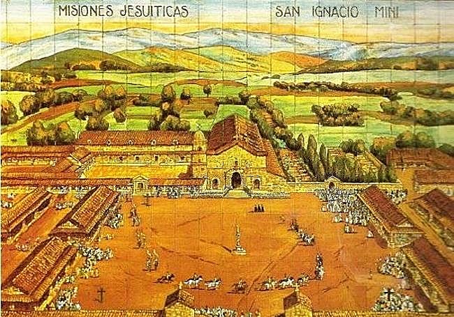 Mosaico de azulejos recordando la visita del gobernador a la reducción de San Ignacio Miní (hoy provincia de Misiones, Argentina).