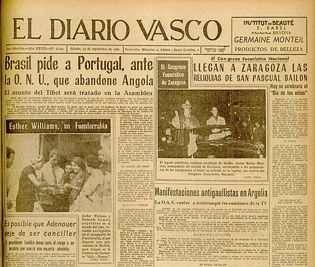 Parte de la primera página de EL DIARIO VASCO el 23-IX-1961.