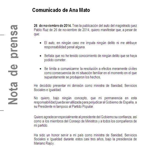 Comunicado: «Ha sido un honor servir a mi país como ministra»