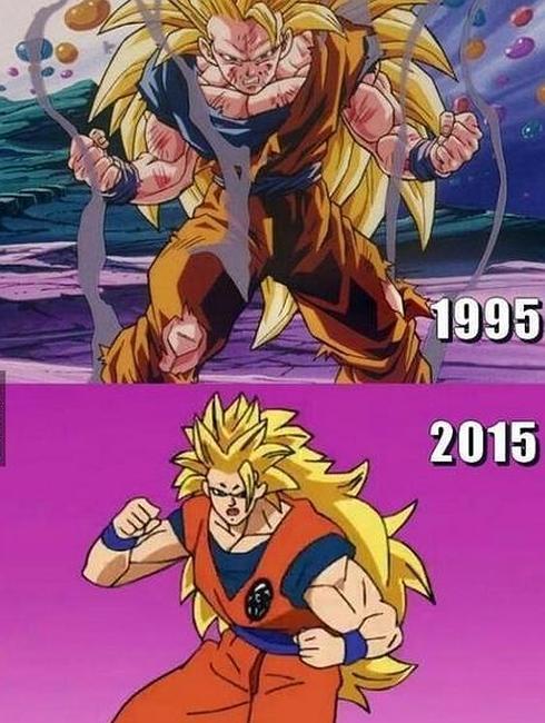 Arriba, Goku en 'Dragon Ball Z' y, abajo, en 'Dragon Ball Super'.