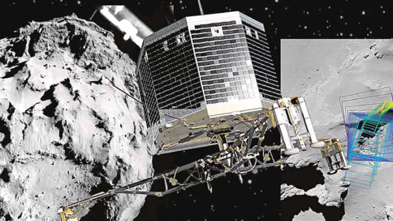 Recreación del robot de la ESA en órbita del cometa 67P/Churyumov-Gerasimenko.