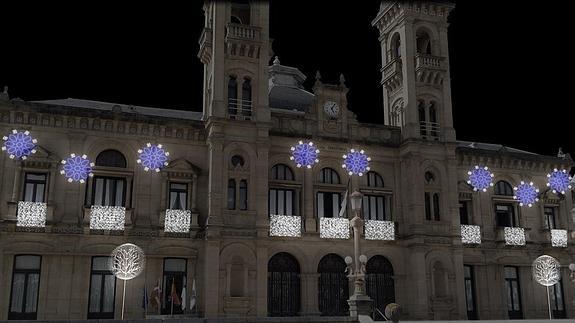Fotomontaje de la iluminación navideña en la fachada del Ayuntamiento de San Sebastián