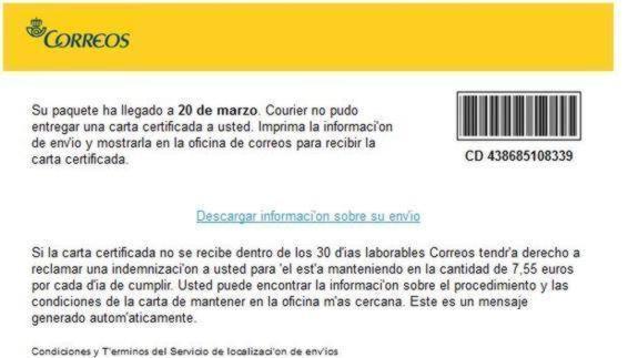 Aspecto del correo electrónico enviado por los ciberdelincuentes para engañar a sus víctimas. 