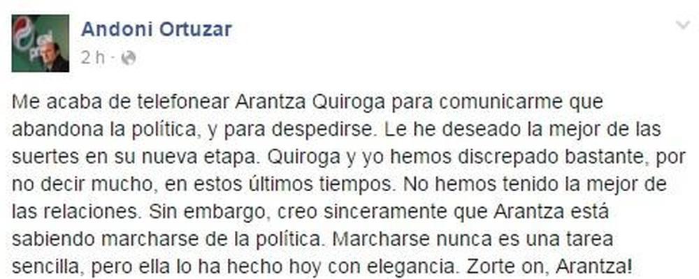 Ortuzar destaca que Quiroga ha abandonado la política «con elegancia»