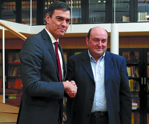 En el aire. Pedro Sánchez (PSOE) y Andoni Ortuzar (PNV), durante su reciente reunión en Madrid en la ronda de investidura.