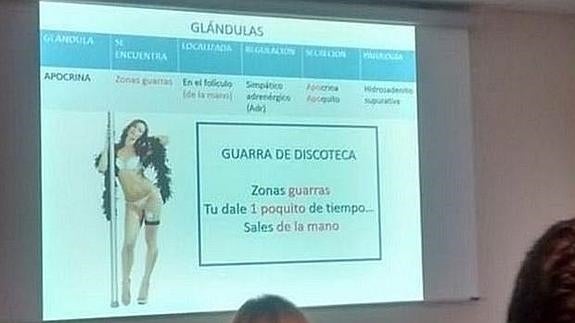 El 'power point' del profesor en el que se aprecia cómo utiliza la imagen de una mujer en ropa interior para su definición de "guarra"