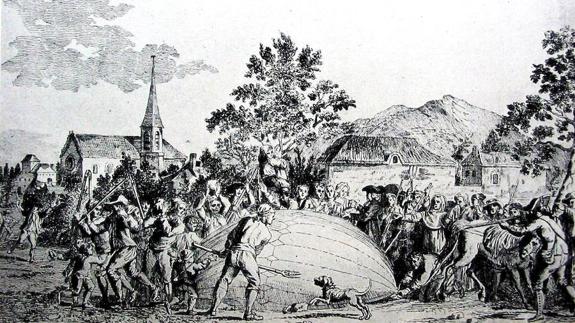 El globo de los hermanos Robert fue detrozado por campesinos que lo confundieron con una especie de monstruo. 