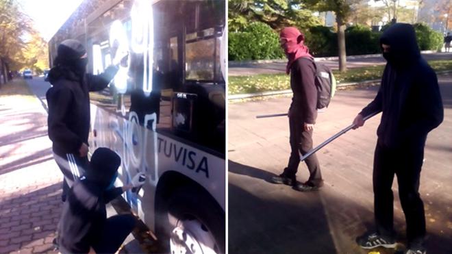 Varios radicales han realizado las pintadas mientras dos compañeros, barras metálicas en mano, han retenido el autobús.