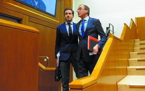 Borja Sémper y Alfonso Alonso, en el pleno de investidura de la pasada semana en el Parlamento Vasco. 